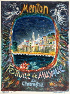 Original Vintage Poster for Menton Festival de Musique by Constantin Terechkovitch c1966: The Mediterranean seaside town of Menton is surely full of "Sea, Mountain, and Wonder" as seen in this lively poster by Constantin Terechkovitch (1902-1978). In Terechkovitch's distinctive style, we h