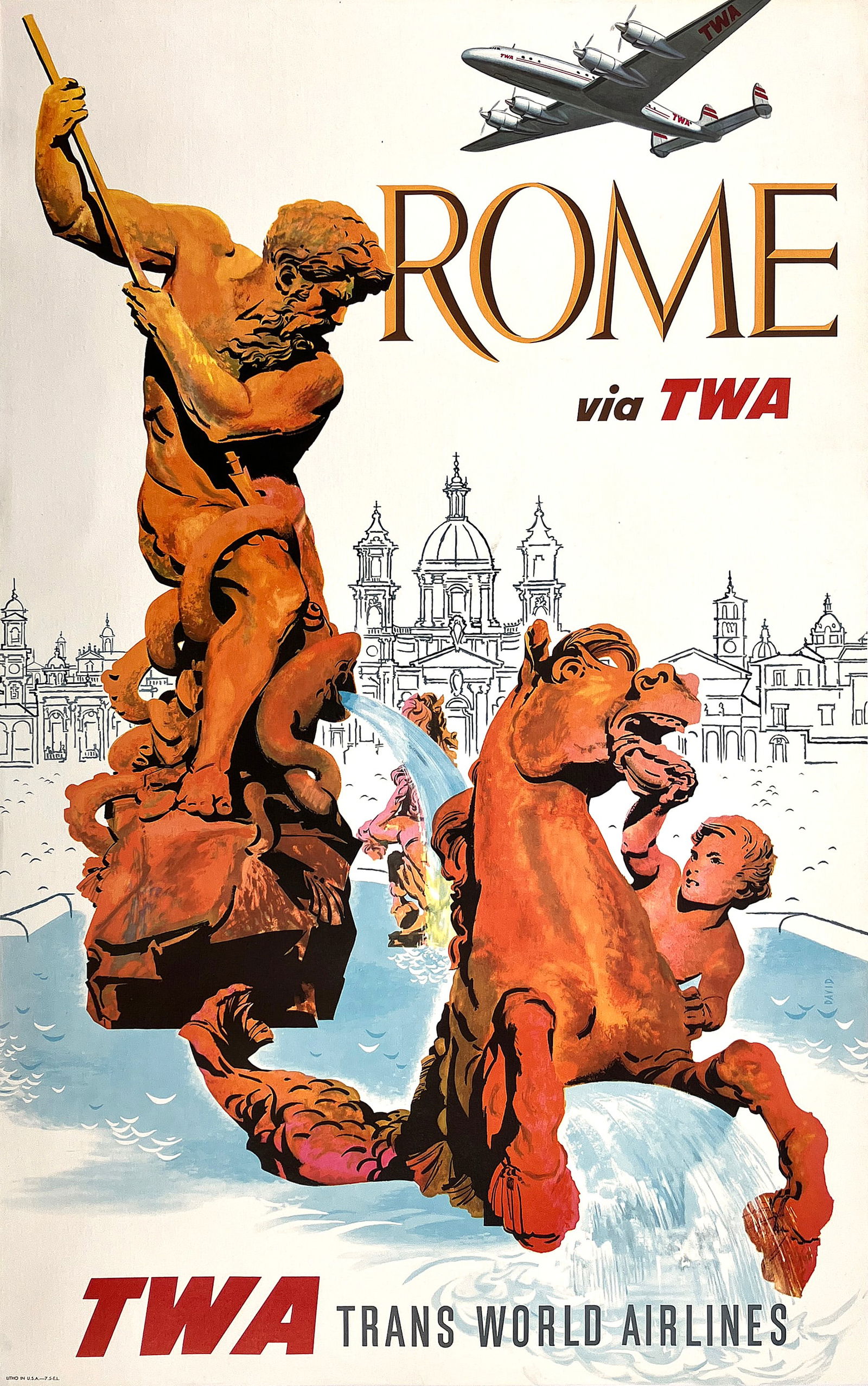 Original Vintage TWA - Rome Poseidon Poster Small Size - Rare (1 of 1)