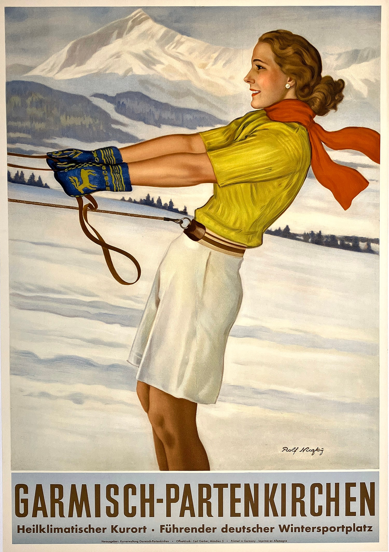 Original Vintage Garmisch Partenkirchen Ski Poster by Rolf Niczky Woman with Red Scarf C1935 (1 of 1)