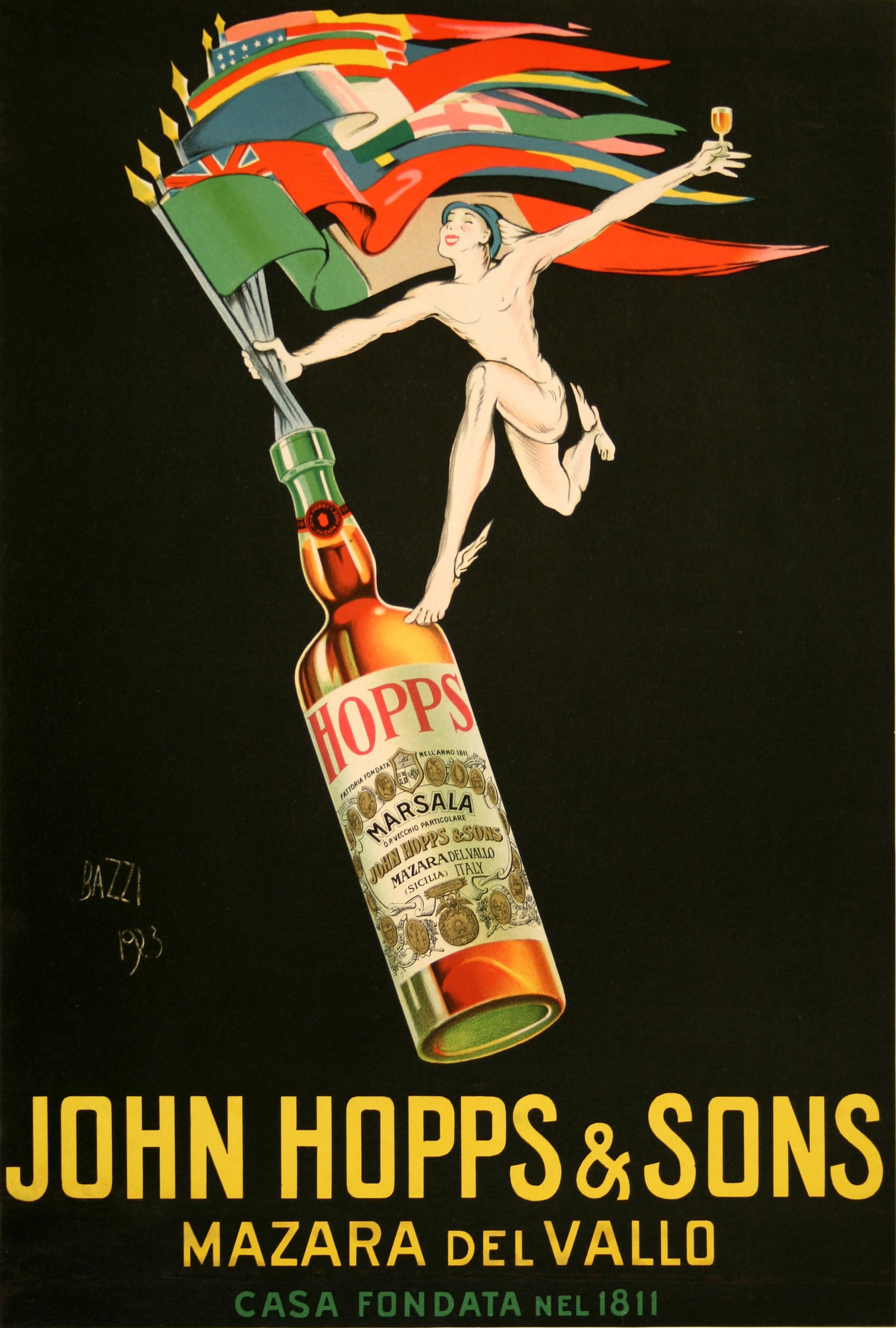 Original Vintage Italian John Hopps Poster 1923 by Bazzi for Marsala Wine: This is an original stone lithographic poster created in 1923 by the artist , Bazzi. In it he promotes the Marsala Wine produced by the company and enjoyed around the world, as symbolized by the flags