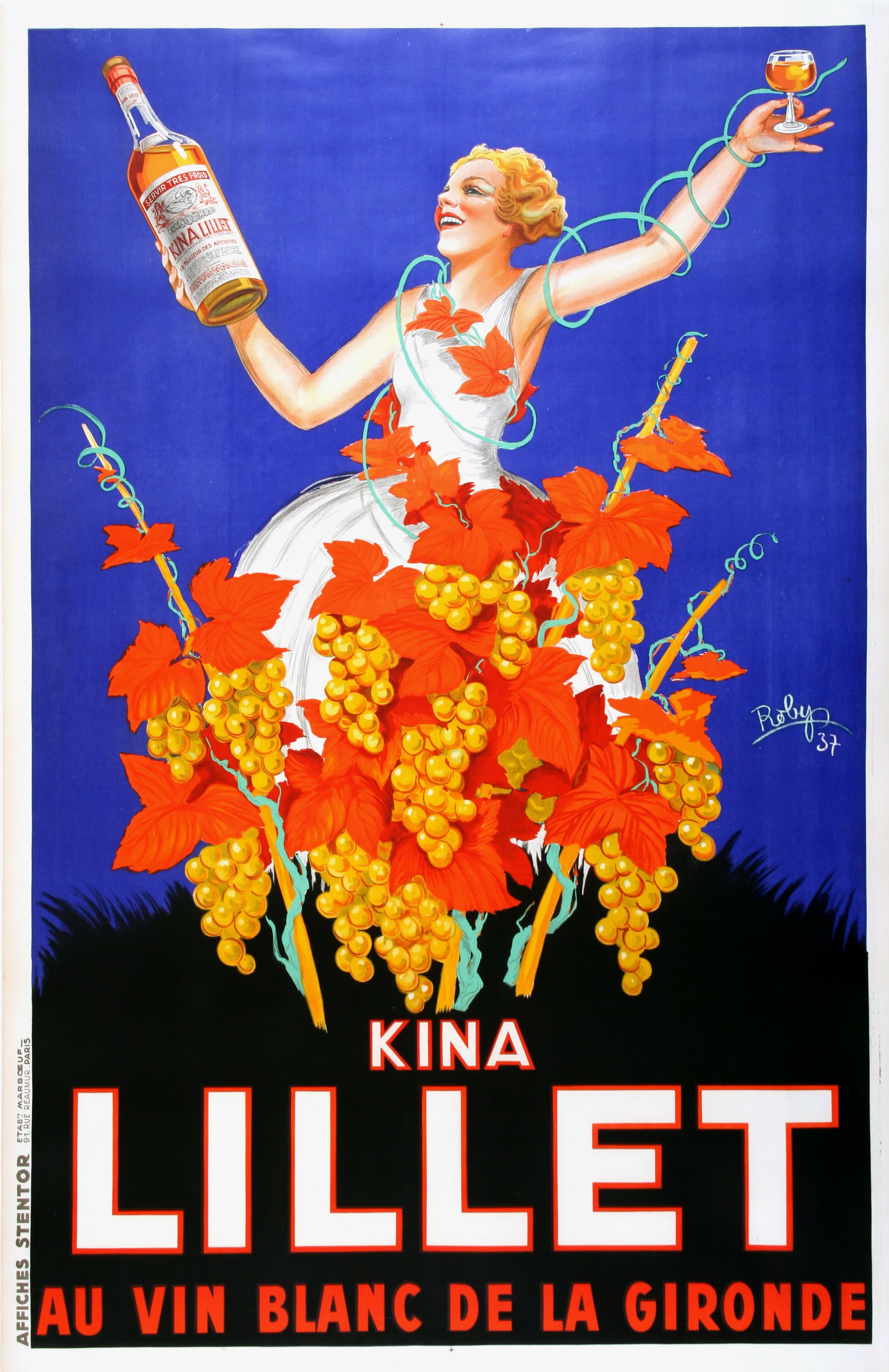 Kina Lillet 1937 Original Vintage Wine Poster by Robys: The artist of the poster, Robys, otherwise known as Robert Wolff, uses bright, contrasting colors and a dynamic composition to promote the exciting and celebratory Kina Lillet beverage. A beautiful wo