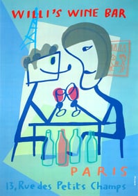 Original Vintage Willi's Wine Bar Poster by Mariscal 1998 Paris