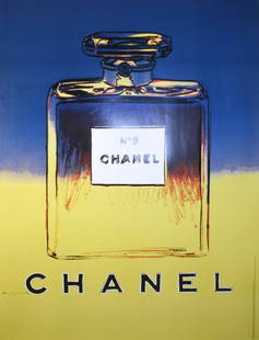 Andy Warhol Original Vintage Chanel No.5 Perfume Poster 1997: This poster, part of a series by Andy Warhol for Chanel No. 5 features the sophisticated design of the bottle in the center of the image. Aiming for simplicity, the bottle is the focal point of the po