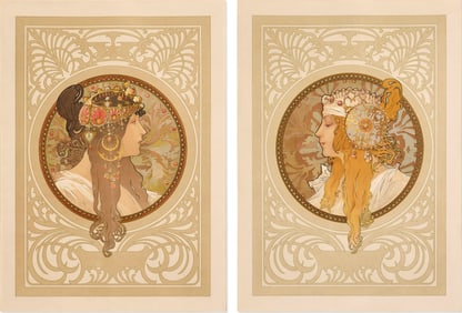 Original Alphons Mucha Byzantine Heads Pair 1897 Framed