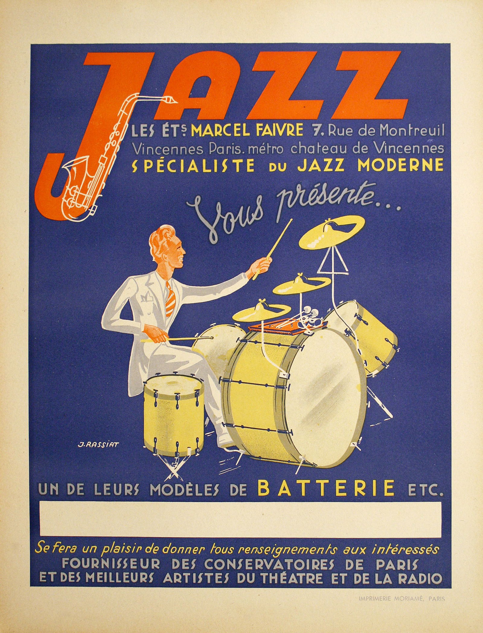 Original 1930's French Vintage Jazz Poster Featuring a Drummer by James Rassiat (1 of 1)