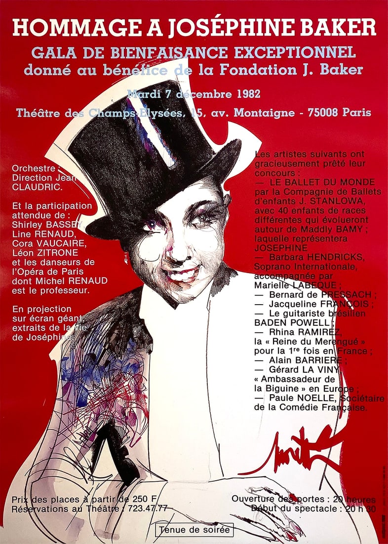 Original Vintage Hommage a Josephine Baker Poster 1982: Josephine Baker (1906 - 1975) was an American-born French dancer, singer, and actress who came to be known in various circles as the "Black Pearl," "Bronze Venus" and the "Creole Goddess". Born Freda