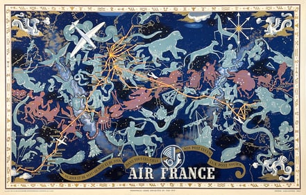 Original Vintage Air France Planisphere Zodiac by Lucien Boucher 1939