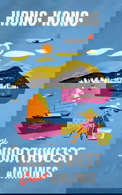 Original Vintage Travel Poster - Fly Northwest Airlines Hong Kong C1952