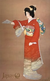 Origiinal Vintage Japan Air Lines Poster Woman in Red Kimono on Beige C1960