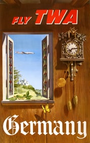 Original Vintage Poster Fly TWA Germany - Clock Small by Beecher c1955