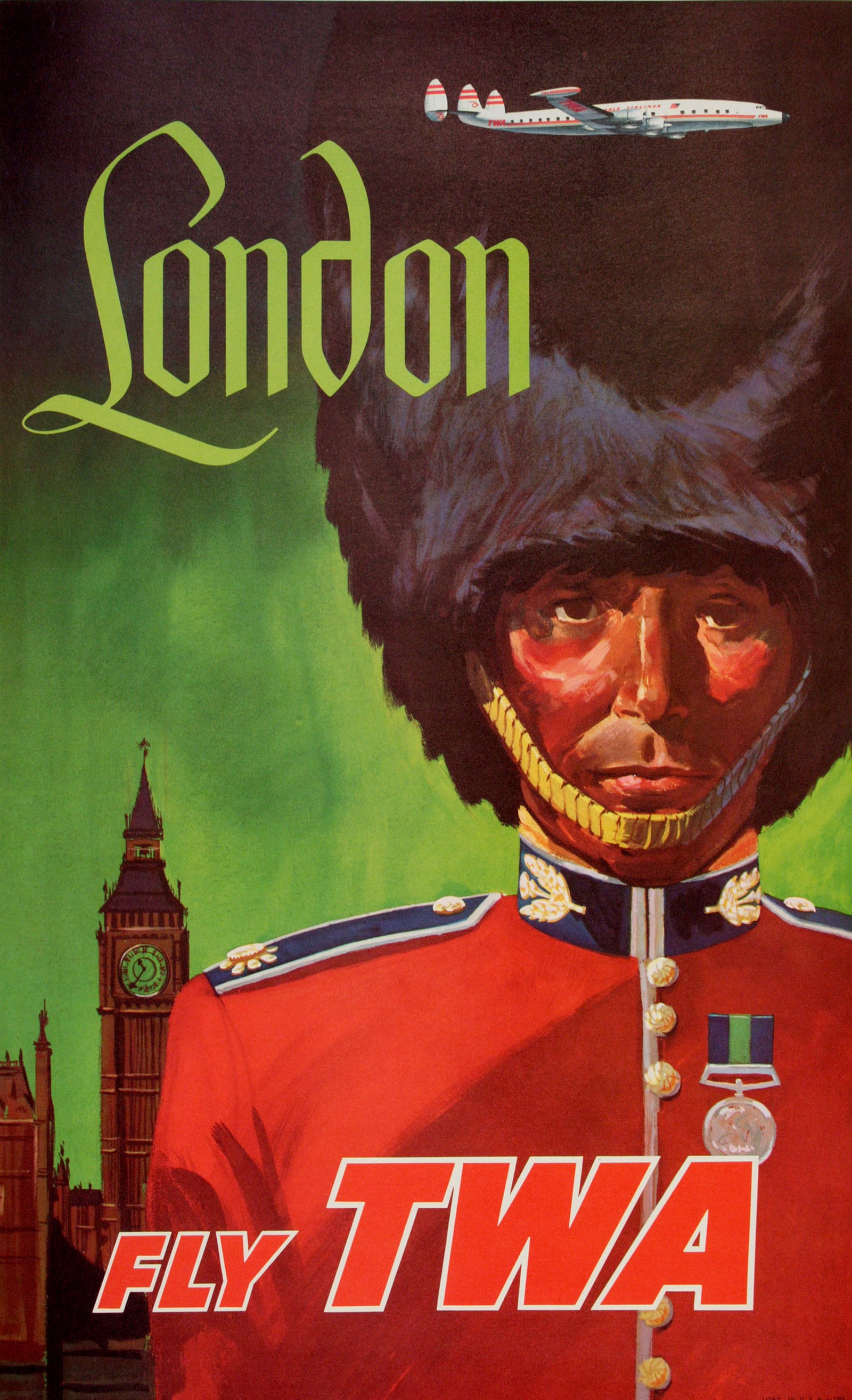 Original Vintage TWA London Royal Guard Poster c1954 - Small Size: TWA (Trans World Airlines) was formed in 1924 as Transcontinental & Western Air. The airline's first route was New York to Los Angeles, soon followed by multiple National routes. The airline expanded 