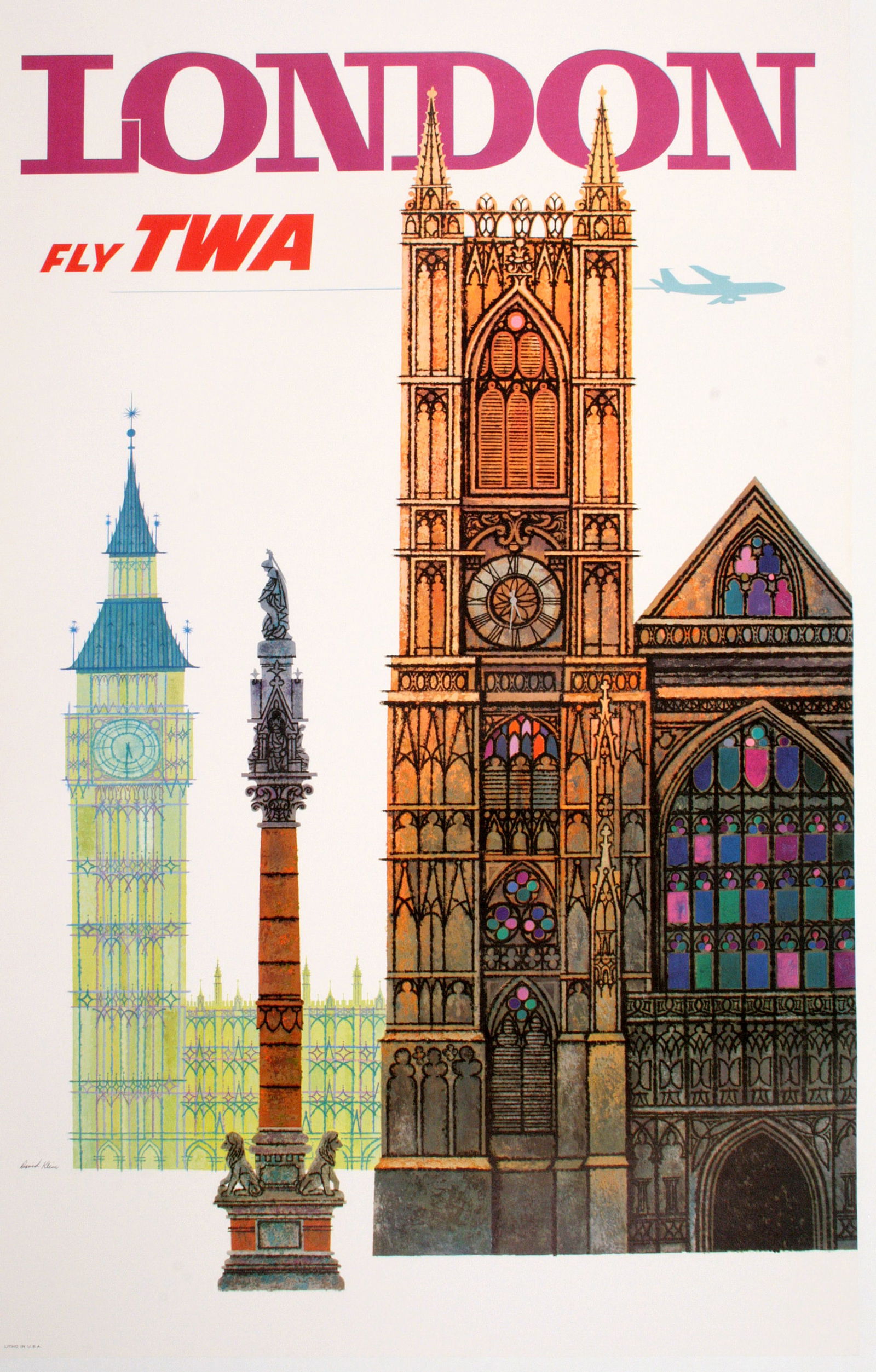 Original Vintage David Klein TWA London Big Ben Poster C1960 Small Format (1 of 1)