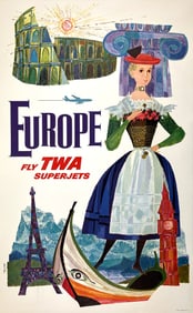 Original David Klein Fly TWA Superjets to Europe Poster c1960