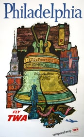 Original David Klein 1960's Vintage Poster - Fly TWA Philadelphia