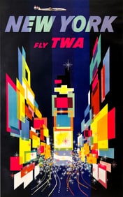 Original Vintage TWA Times Square New York Poster by David Klein with Lockheed Constellation