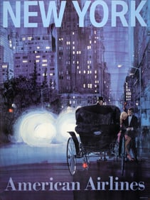 Original Vintage American Airlines New York Night Scene Poster by Van Kaufman C1965