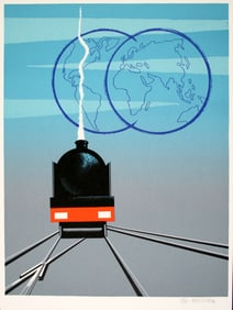 Original Vintage Trains and Globes Poster 1990 Hand Signed by Pierre Fix-Masseau