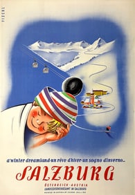 Original Vintage Salzburg Poster Sleeping Child Ski C1955 by Fischl