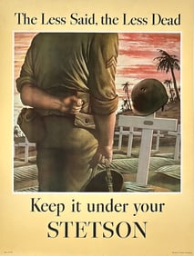 Original Vintage WWII Stetson Hat Poster The Less Said by Robert Riggs 1944 Large