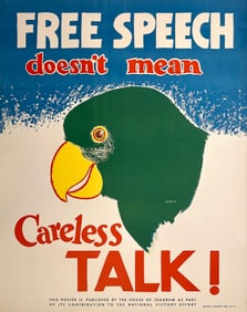 Original Vintage Seagram's Poster Free Speech Doesn't Mean Careless Talk by Ess.Ar.Gee C1943
