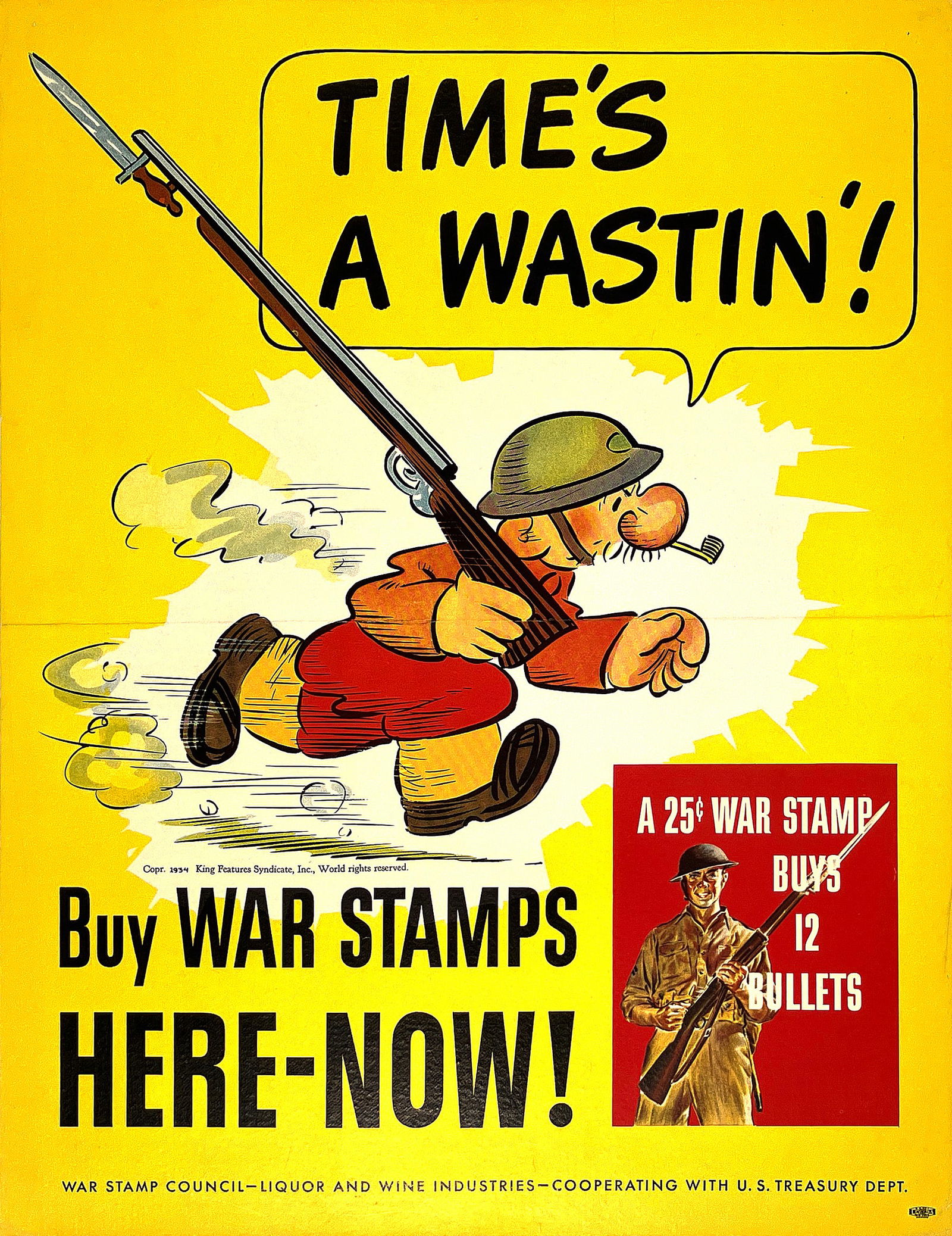Original Vintage Poster Time's A Wastin'! by Al Capp C1944: This original vintage World War II poster, titled "Time's A-Wastin' - Buy War Stamps Here Now!", features a dynamic illustration of a cartoon soldier--one of the instantly recognizable characters from