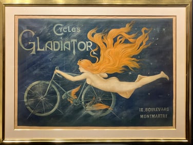 Original Vintage Cycles Gladiator Poster Red Hair c1895 Framed