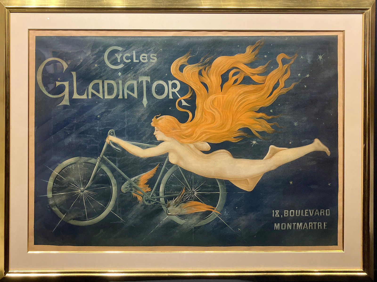 Original Vintage Cycles Gladiator Poster Red Hair c1895 Framed
