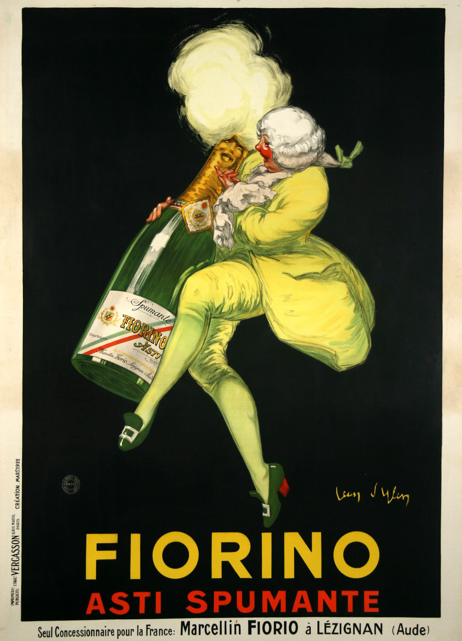 Original Fiorino Poster 1922 by Jean D'Ylen: Fiorino is a 1922 liquor advertisement by Jean D'Ylen for Asti Spumante. The artwork features a Frenchman dressed in stereotypical colonial-era clothing. He tickles the face of the Spumante bottle as
