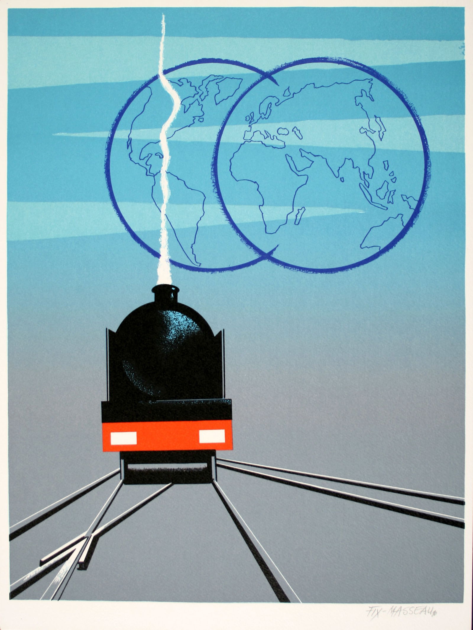 Original Vintage Trains and Globes Poster 1990 Hand Signed by Pierre Fix-Masseau (1 of 1)