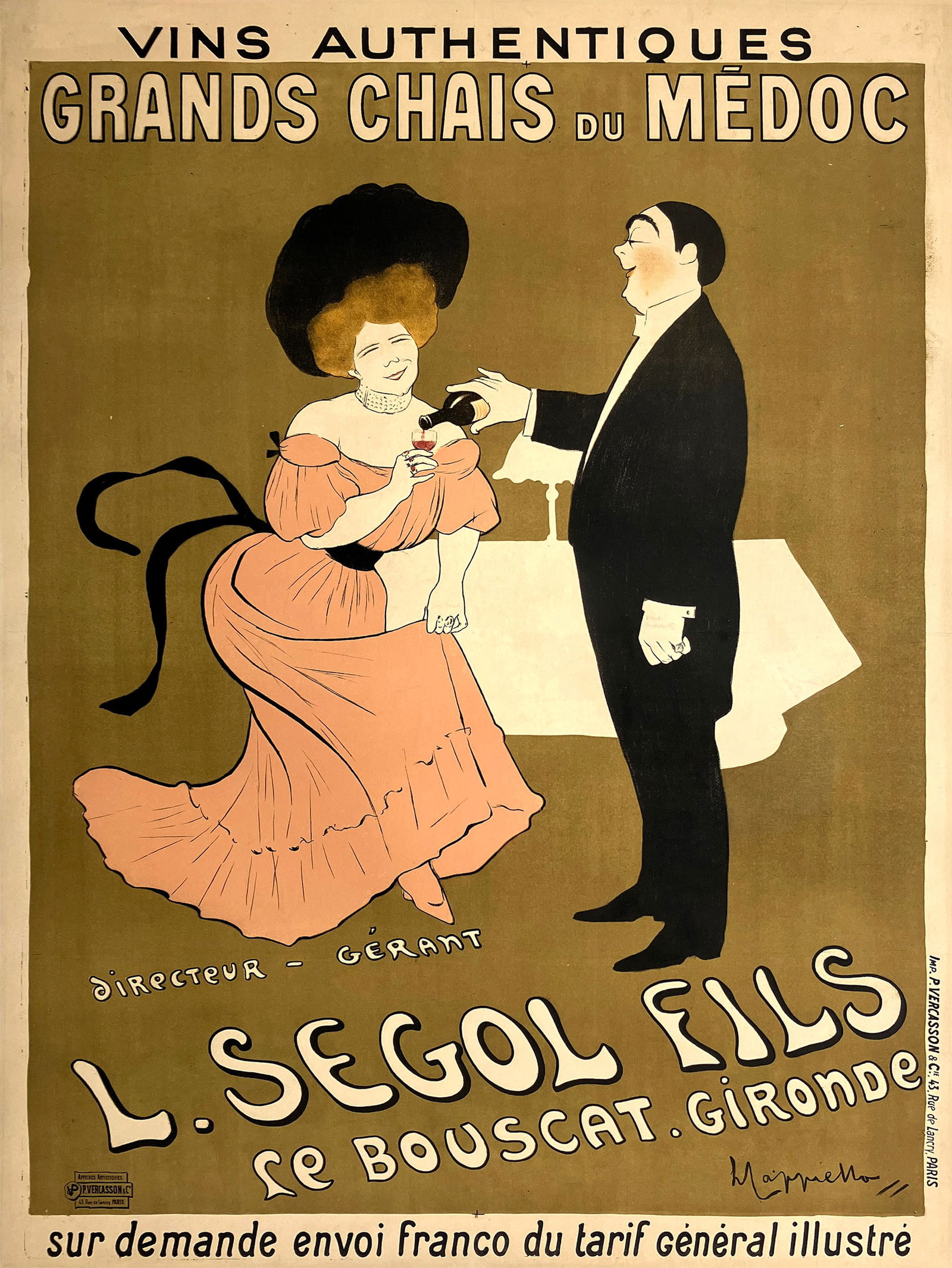 Original Vintage Leonetto Cappiello Poster - L. Segol Fils 1901 - Rare: This striking vintage wine poster by Leonetto Cappiello (1875–1942) was created to promote the wines of Grands Chais du Médoc and the firm L. Ségol Fils of Le Bouscat in the Gironde region of Bord