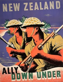 Original Vintage WWII New Zealand Ally Down Under Poster by Duco 1943