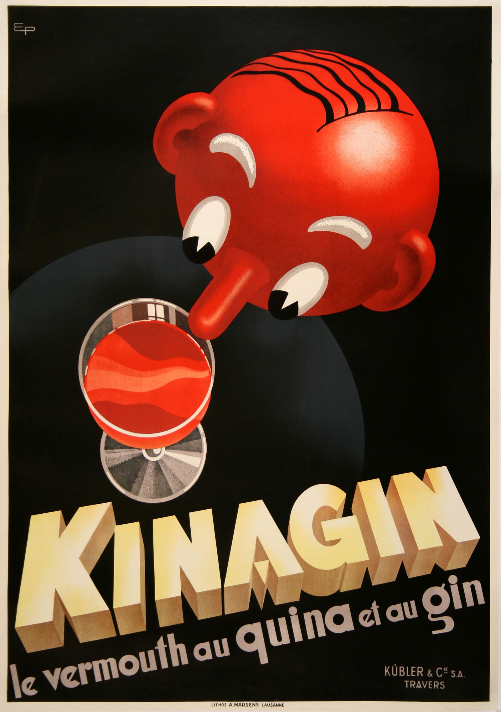 Kinagin Original Vintage Swiss Liquor Poster by Patke 1941: Patke created this bold Art Deco poster to advertise Kinagin around the 1930s. The beverage is a gin mixed with vermouth and quina. The bright red pops against the classic black background, demanding