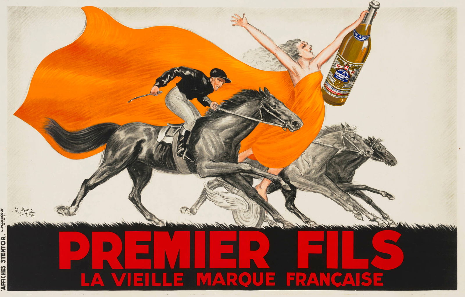 Original Vintage Premier Fils Poster by Robys 1936: This dramatic oversized French advertising poster promotes Premier Fils, one of France’s longstanding liquor brands known particularly for its eaux-de-vie and cognac-style spirits. The composition