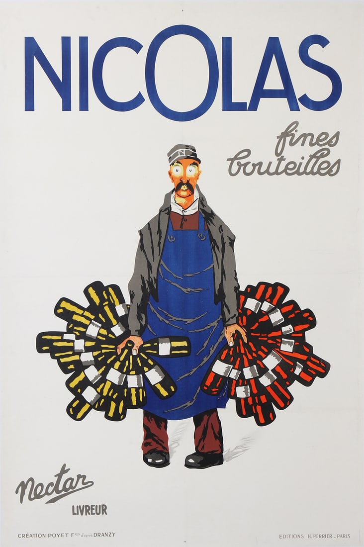 Original Vintage Nicolas Fines Bouteilles Poster by Dransy c1930 Wine Bottles: This bold French advertising poster was created by Dransy (1883–1944), the French illustrator known for his graphic clarity, expressive figures, and strong commercial imagery. The design promotes