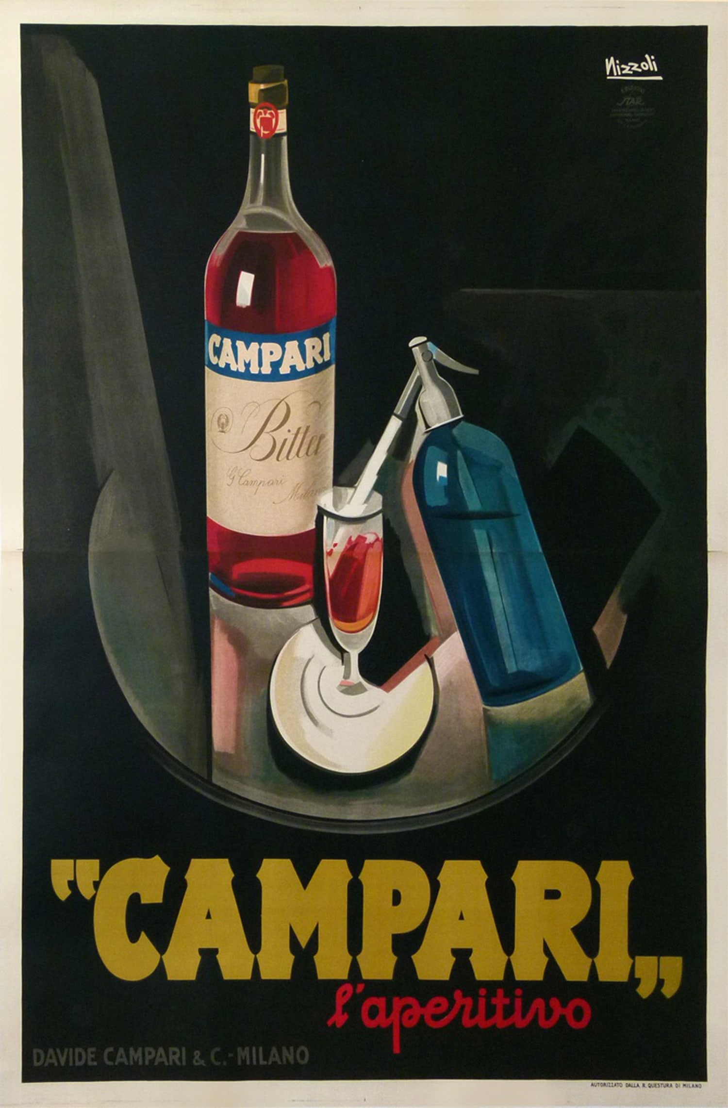 Original Vintage Italian Campari Poster by Nizzoli 1926 Large Format: This beautiful poster by Marcello Nizzoli features a black background, with a bright red Campari bottle and glass in the center of the poster. The design is simple and effective in this large scale