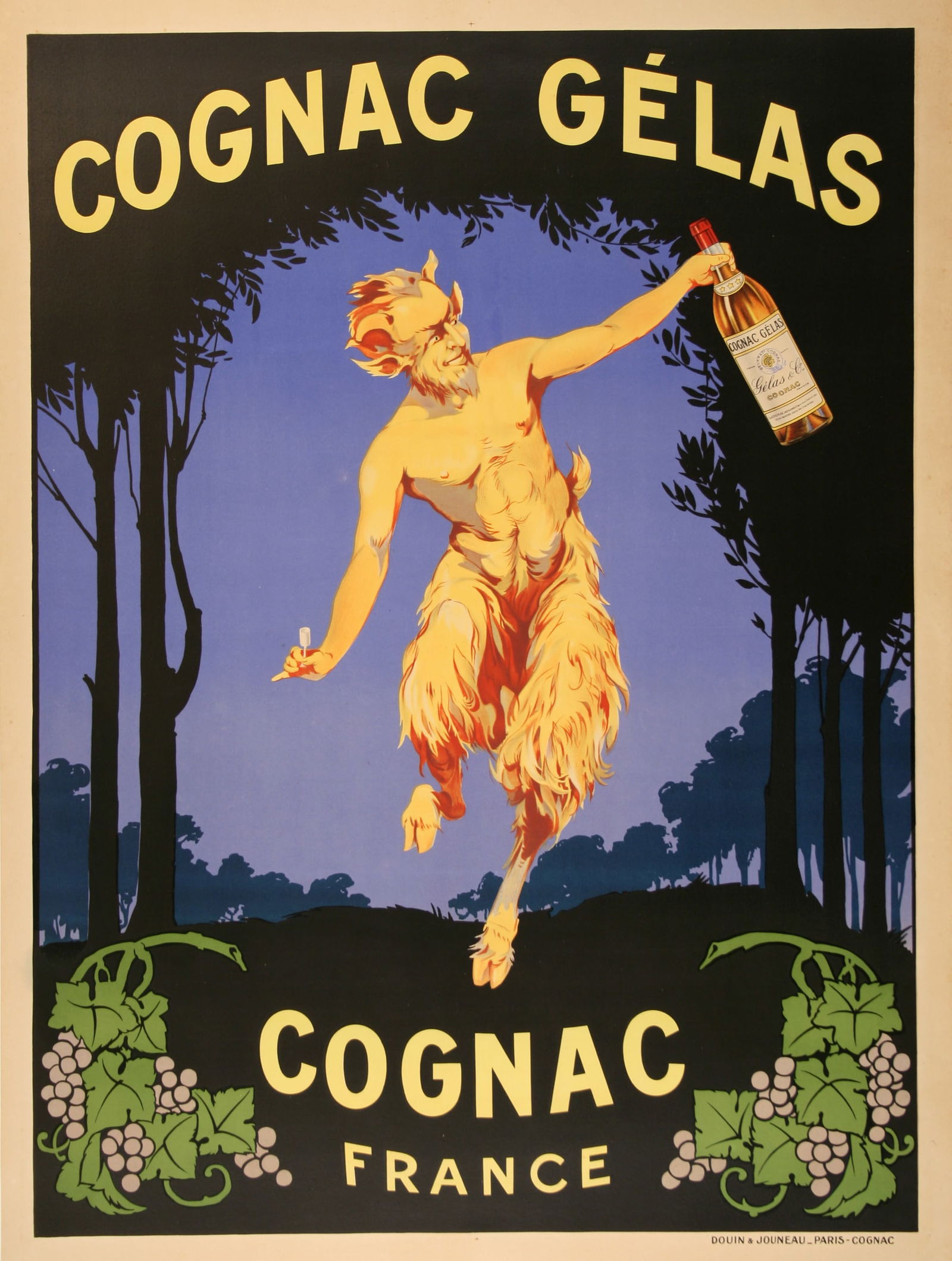Original Cognac Gelas Poster C1920 with Satyr Image: This image by an anonymous artist features the Satyr proudly holding up the bottle of Cognac Gelas in celebration. It suggests that this is an excellent Cognac made from the finest of grapes as shown