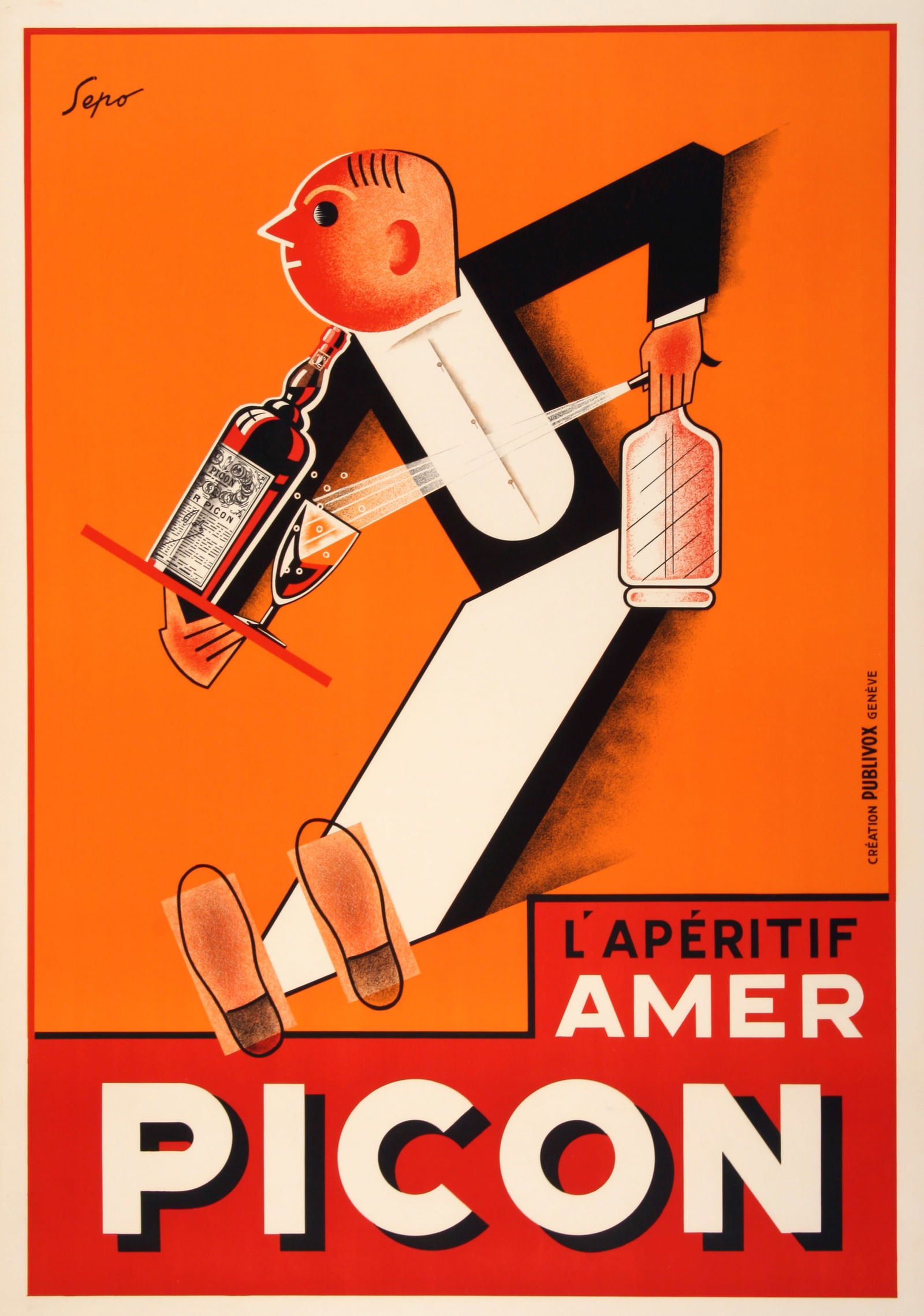Amer Picon Waiter Original Vintage Swiss Poster c1935 by Sepo: This vibrant original vintage poster was created by Severo Pozzati, widely known as Sepo, for the celebrated French apéritif Amer Picon. Rendered in a bold palette of orange, red, and black, the