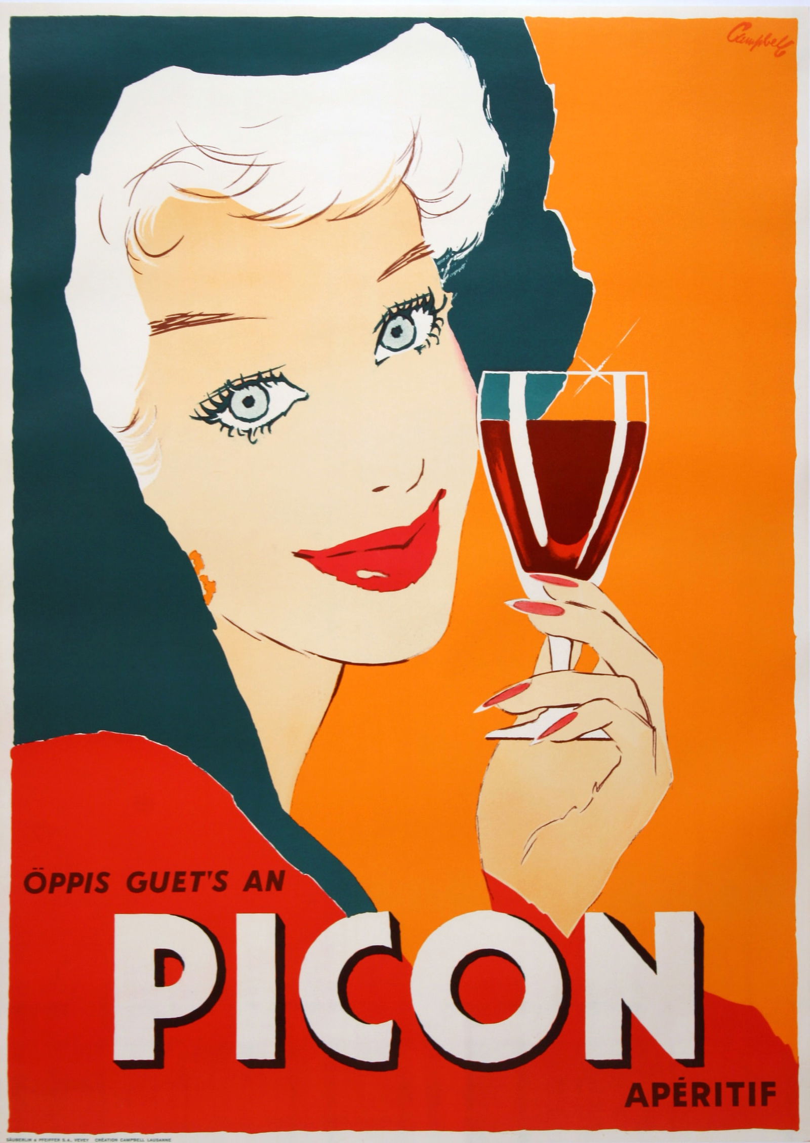 Picon Aperitif Poster by Marcus Campbell 1959 Swiss: Picon Aperitif- Woman is a 1959 French advertisement by Marcus Campbell. Campbell was a classically trained British artist. He worked as an art director for Lord & Thomas Advertising in Paris and for