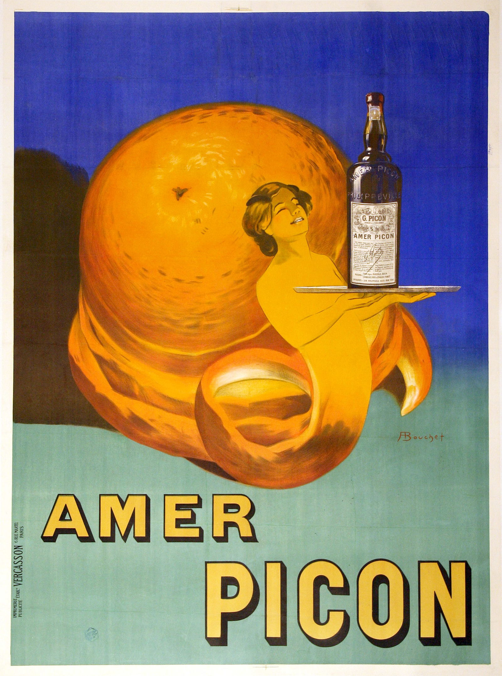 Amer Picon Poster 1910 by Bouchet Woman with Orange Peel: In this poster, we see an orange peel transform into a beautiful woman who offers the viewer a taste of Amer Picon. It is interesting to note that the image of a figure coming out of an orange peel