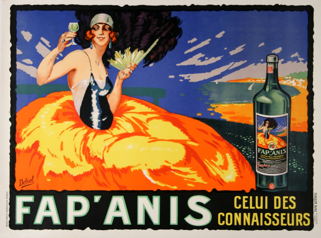 Fap Anis Original Vintage Liquor Poster c1930 by Delval - Flapper Girl: This is an original stone lithograph poster created in the mid 1930's to promote the liqueur called Fap Anis. It is an interesting and colorful image that uses the main image of the label and then