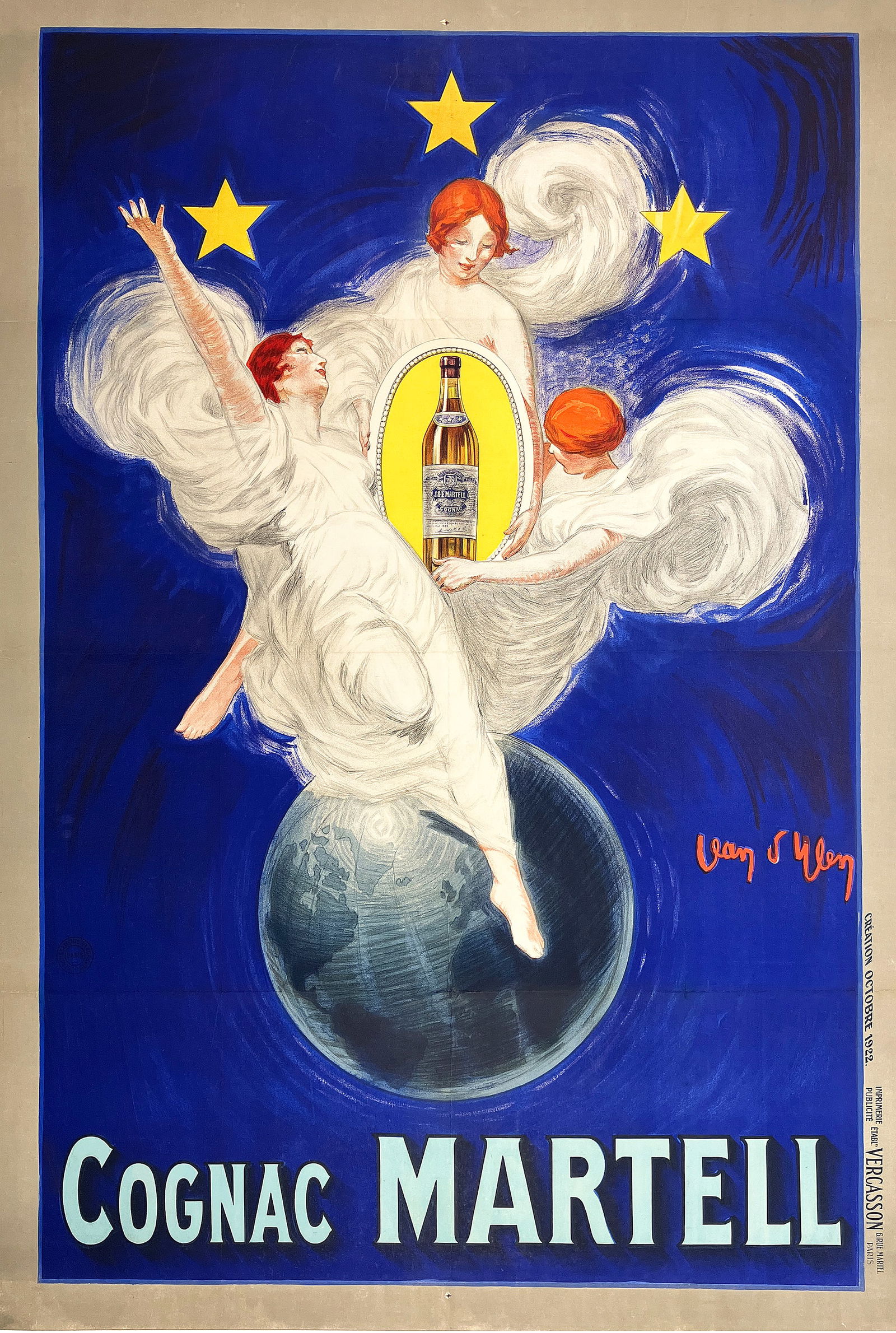 Original Vintage Cognac Martell Poster by Jean Dylen 1922: This exceptional original vintage poster for Cognac Martell showcases Jean D’Ylen’s signature ability to create bold, eye-catching imagery using deep contrasts and dramatic movement. Three