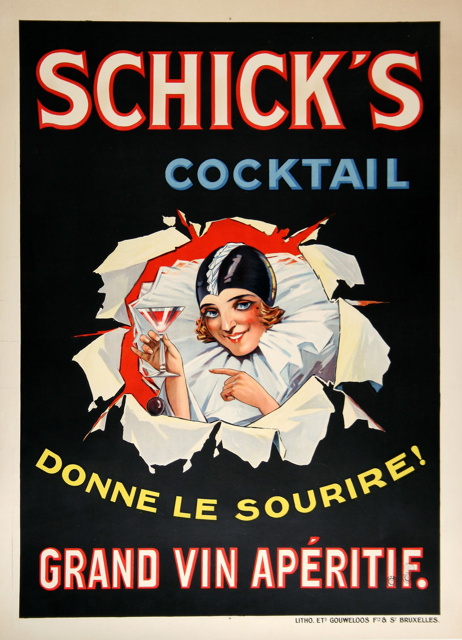 Schick's Cocktail French Vintage Original Art Deco Poster c1925: This is an original vintage poster created in the mid 1920's by an anonymous artist. It is a great wine product that this elegant deco style lady clearly enjoys with great pleasure. Please note that