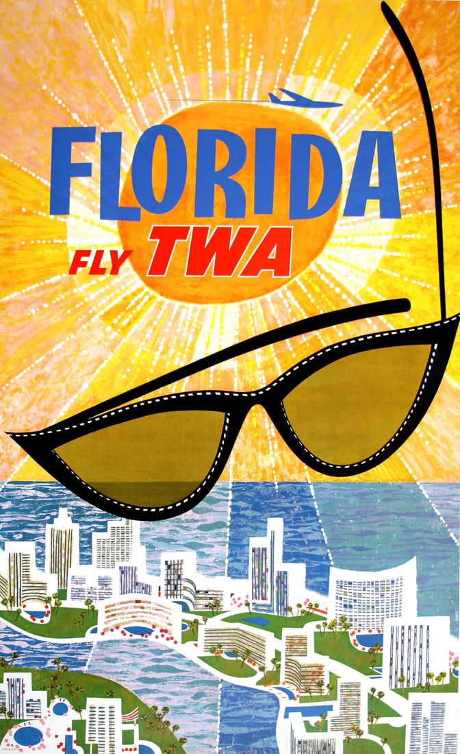 Original Vintage Fly TWA Florida Poster by David Klein c1960 (1 of 5)