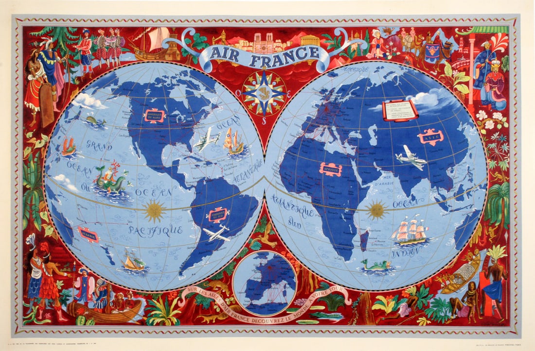 Original Air France Map - Burgundy Small by Lucien Boucher 1952 (1 of 1)