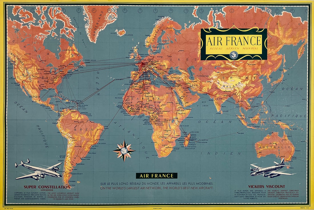 Original Vintage Air France World Route Map Vickers Viscount Poster 1956 Constellation (1 of 1)