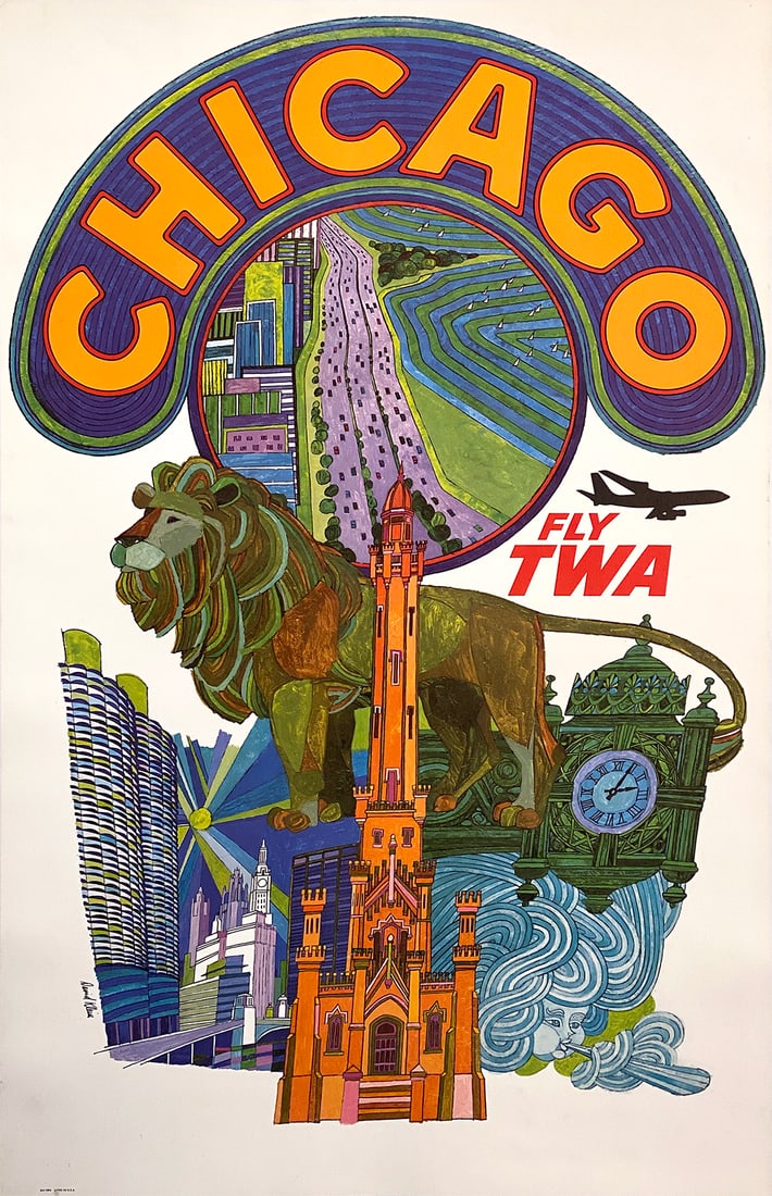 David Klein Original Vintage Poster Fly TWA Chicago c1960 (1 of 1)