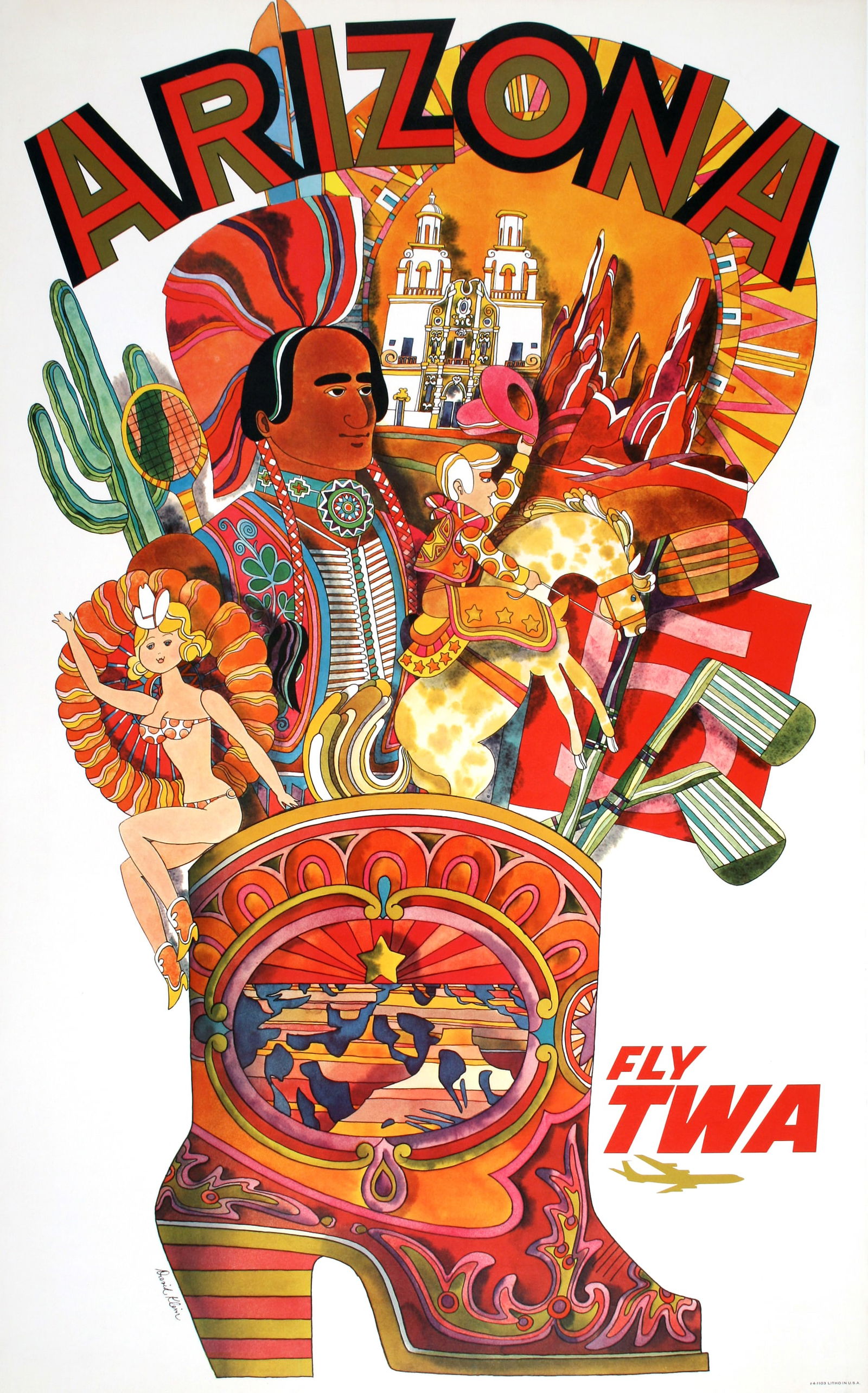 Original Vintage David Klein Fly TWA Arizona Boot Poster C1960 (1 of 1)