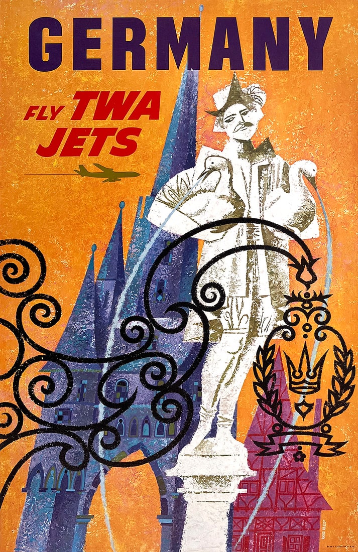 Original Vintage David Klein TWA Germany Poster C1960 Small Format - Rare (1 of 1)