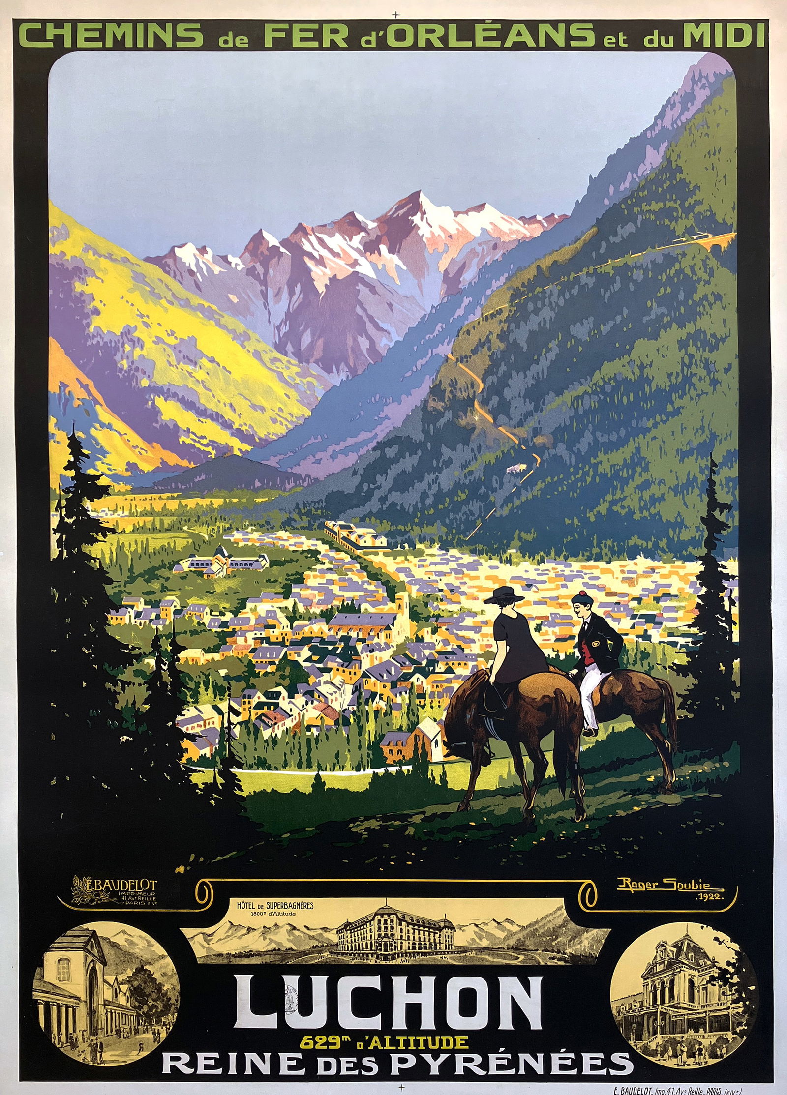 Original Vintage Luchon - Route des Pyrene'es Poster by Roger Soubie C1925: This striking railway poster by Roger Soubie presents a panoramic view of Luchon, nestled in the heart of the Pyrenees and celebrated as the “Queen of the Pyrenees.” From a high vantage point,