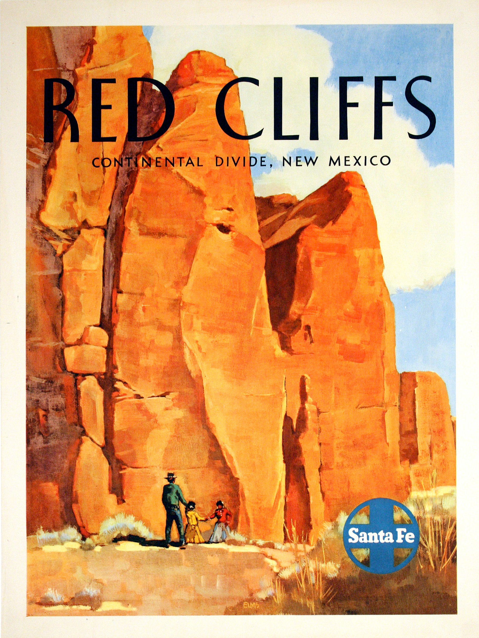 Santa Fe Railway Original Poster Red Cliffs by Willard Elms c1950: This rich design was part of a group of posters commissioned by the Santa Fe Railway to promote travel to the west. The Santa Fe Railway was founded in 1859. The company helped settle the mid-west in